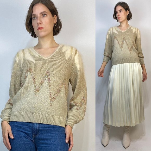 Vintage 80s PUFF SHOULDER Sweater SNAKESKIN & Angora Details! Medium - Picture 1 of 3